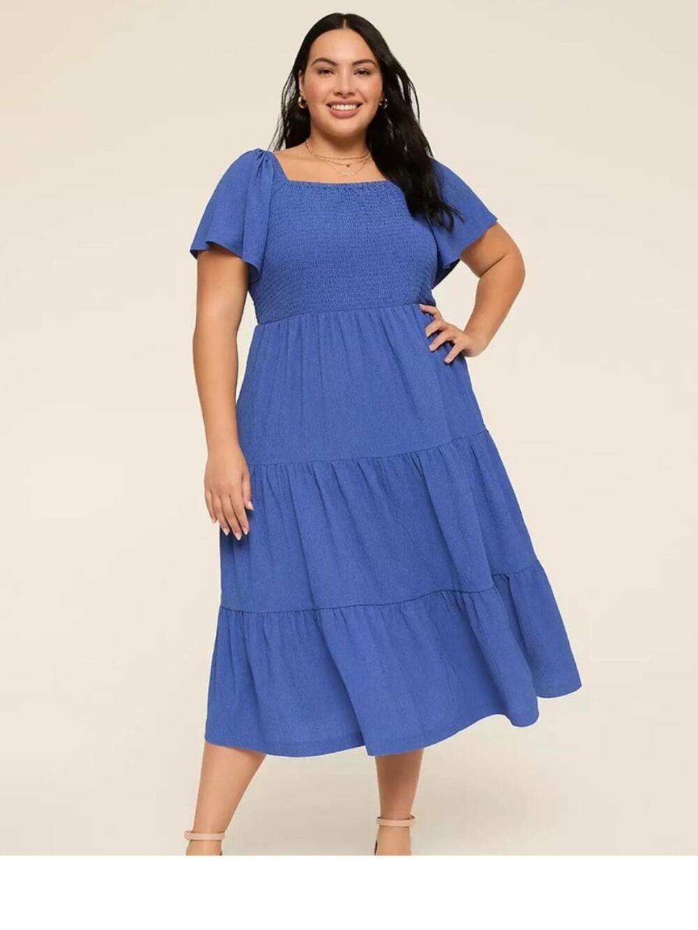 Lane Bryant | Smocked Tiered Midi Dress Flutter Sleeves Cobalt Blue 26/28 NWT